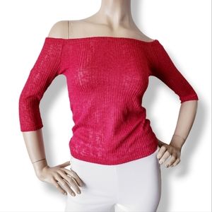 Heart & Hips Red Off Shoulder Semi-Sheer Knit Top